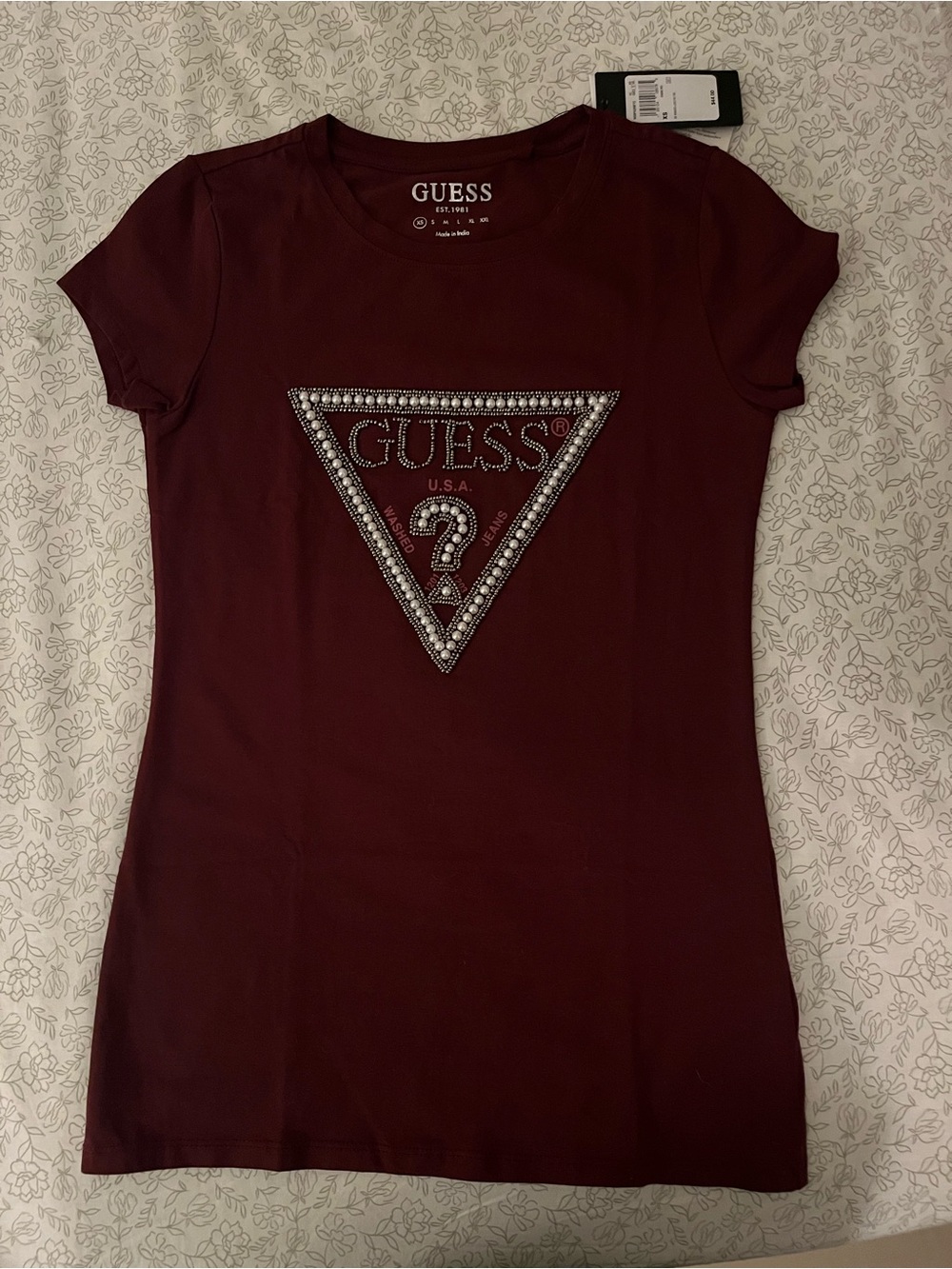 GUESS Women's Burgundy Short-Sleeve Logo Tee with Rhinestone Triangle
